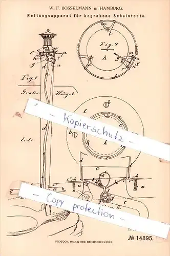 Original Patent - W. F. Bosselmann in Hamburg ,1880, Rettungsapparat für Scheintodte , Pathologie , Friedhof , Bestatter