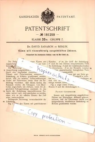 Original Patent - Dr. David Sarason in Berlin , 1906 , Kamm mit Zähnen !!!
