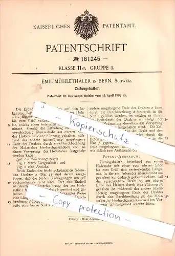 Original Patent - Emil Mühlethaler in Bern, Schweiz , 1906 , Zeitungshalter !!!