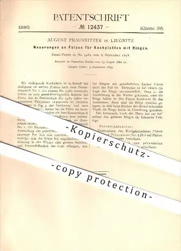 original Patent - August Prausnitzer in Liegnitz / Legnica , 1880 , Kochplatte mit Ringen , Koch , Schlesien !!!