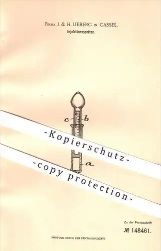 original Patent - J. & H. Lieberg in Kassel , 1902 , Injektionsspritze , Spritze , Krankenpflege , Arzt , Injektion !!!