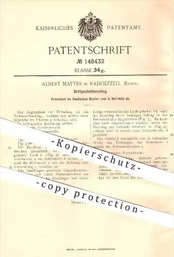 original Patent - Albert Mattes in Radolfzell , 1903 , Bettgestellbeschlag , Bett , Beschlag , Metall , Möbel , Möbelbau