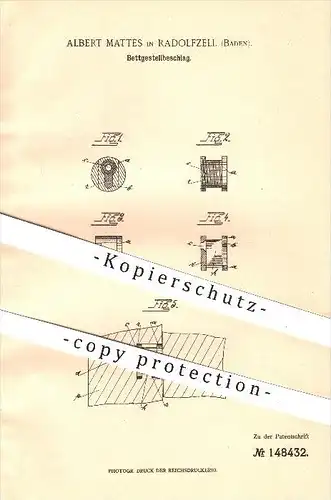 original Patent - Albert Mattes in Radolfzell , 1903 , Bettgestellbeschlag , Bett , Beschlag , Metall , Möbel , Möbelbau