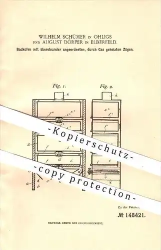 original Patent - W. Schümer in Ohligs u. A. Dörper in Elberfeld , 1903 , Backofen , Gas , Bäcker , Bäckerei , Wuppertal
