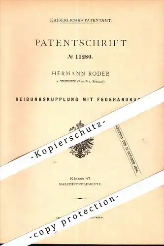 Original Patent - Hermann Roder in Trebnitz / Trzebnica i. Schlesien , 1880 , Kupplung mit Federdruck !!!