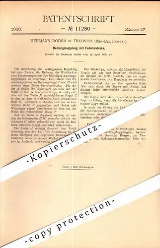 Original Patent - Hermann Roder in Trebnitz / Trzebnica i. Schlesien , 1880 , Kupplung mit Federdruck !!!