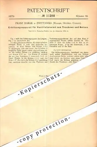 Original Patent - Franz Hanak in Zwittawka / Svitávka , 1879 , Erhitzungsapparat , Heizer , Boskovice !!!