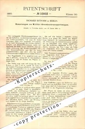 Original Patent - Richard Bithorn in Berlin , 1880 , Militär - Krankentransport , Krankenwagen , First Aid , Sanitäter !