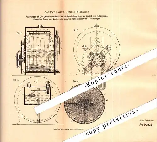 Original Patent - Gaston Ragot in Ixelles - Bruxelles , 1880 , Leuchtstoff aus Naphta , Beleuchtung !!!