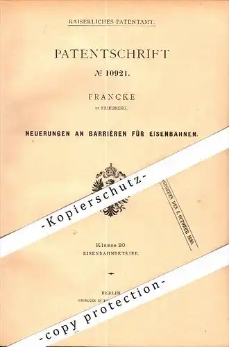 Original Patent - Francke in Friedberg , 1879 , Barriere für Eisenbahn !!!