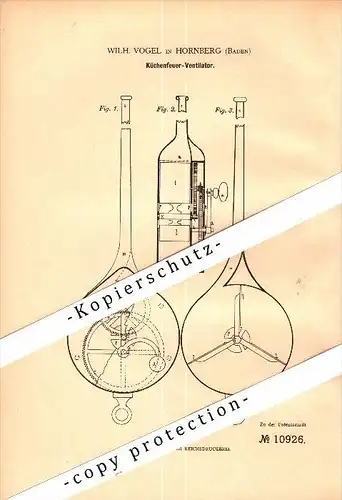 Original Patent - Wilhelm Vogel in Hornberg , Baden , 1880 , Küchenfeuer - Ventilator , Ortenaukreis !!!