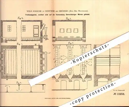 Original Patent - Wilhelm Knauer in Osmünde b. Gröbers , 1880 , Trockenapparat für Zuckerfabrik !!!