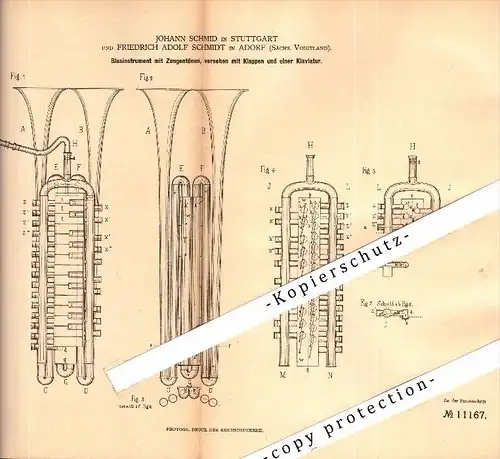 Original Patent - F.A. Schmidt in Adorf , Voigtland , 1880 , Blasinstrument , Trompete , trumpet , Tuba , Posaune !!!