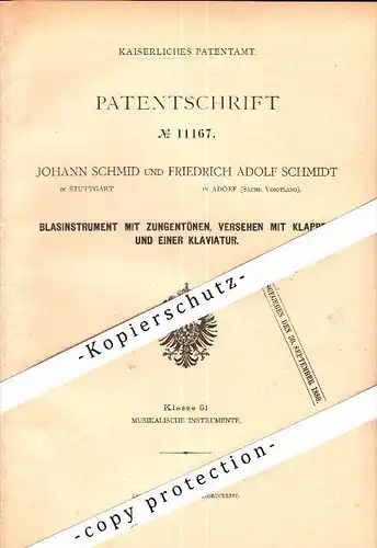 Original Patent - F.A. Schmidt in Adorf , Voigtland , 1880 , Blasinstrument , Trompete , trumpet , Tuba , Posaune !!!