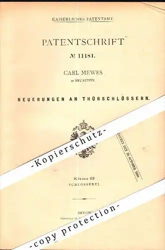 Original Patent - Carl Mewes in Neuruppin , 1880 , Türschloss , Schlosserei , Türenbau , Neu-Ruppin !!!