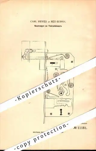 Original Patent - Carl Mewes in Neuruppin , 1880 , Türschloss , Schlosserei , Türenbau , Neu-Ruppin !!!