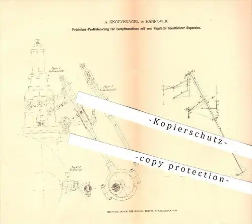 original Patent - A. Knoevenagel in Hannover , 1878 , Ventilsteuerung für Dampfmaschinen , Regulator , Expansion !!!