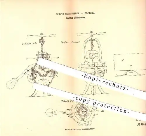 original Patent - Oskar Dienwiebel in Liegnitz / Legnica , 1879 , Strohhut - Schnellpresse , Hut , Presse , Schlesien !!