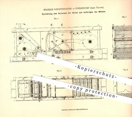 original Patent - W. Schuffenhauer , Zehlendorf , 1879 , Versetzen der Steine u. Aufbringen von Mörtel , Maurer , Berlin