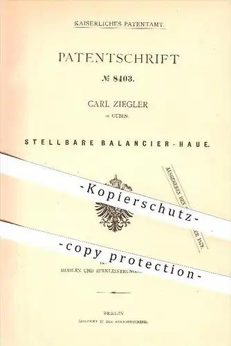 original Patent - Carl Ziegler in Guben , 1879 , Stellbare Balancier - Haue , Mühlstein , Mühle , Mühlen , Müller !!!