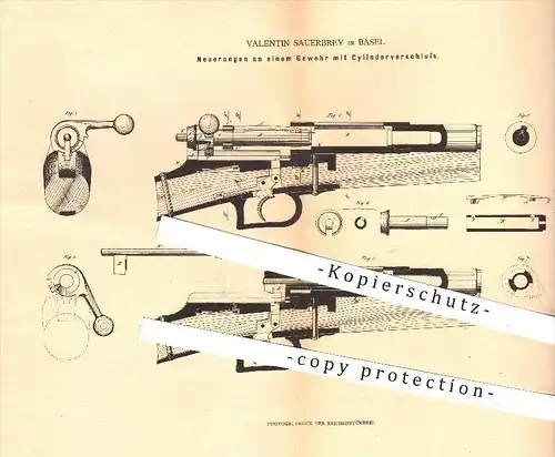 original Patent - Valentin Sauerbrey in Basel , 1880 , Gewehr mit Zylinderverschluss , Gewehre , Waffen , Geschosse !!!