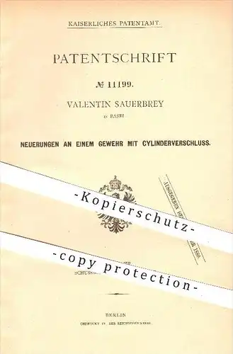 original Patent - Valentin Sauerbrey in Basel , 1880 , Gewehr mit Zylinderverschluss , Gewehre , Waffen , Geschosse !!!