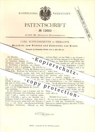 original Patent - C. Schwanemeyer , Iserlohn , 1880, Richten & Schneiden von Draht , Drähte , Metall , Metallbearbeitung