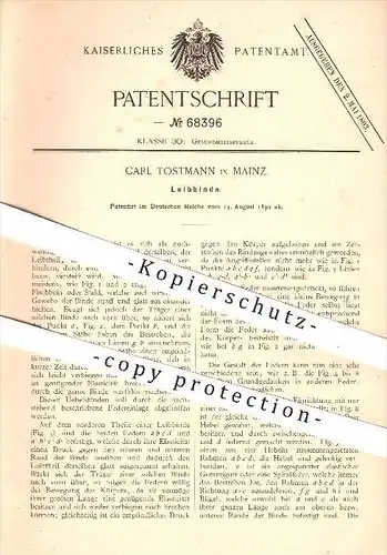 original Patent - Carl Tostmann , Mainz , 1892, Leibbinde , Binde , Binden , Verband , Krankenpflege , Gesundheitspflege