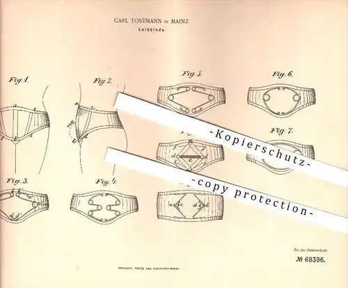 original Patent - Carl Tostmann , Mainz , 1892, Leibbinde , Binde , Binden , Verband , Krankenpflege , Gesundheitspflege