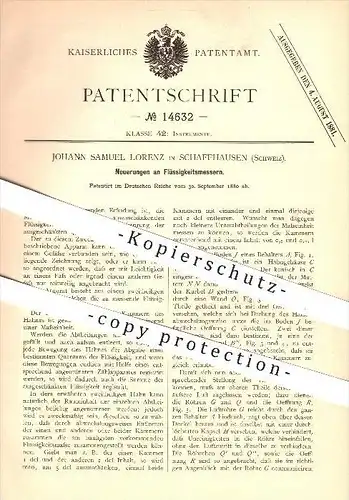 original Patent - Johann Samuel Lorenz , Schaffhausen  , 1880 , Flüssigkeitsmesser , Flüssigkeiten , Messen , Maßeinheit