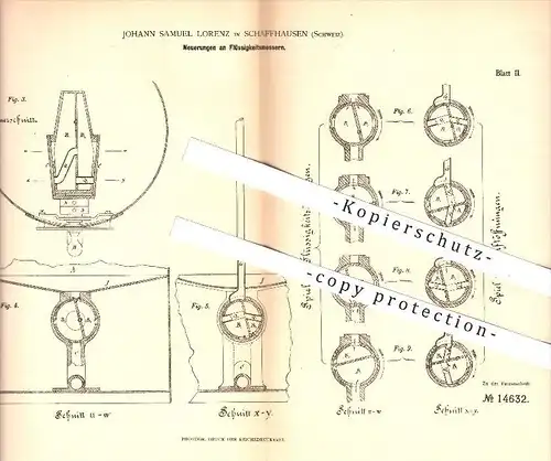 original Patent - Johann Samuel Lorenz , Schaffhausen  , 1880 , Flüssigkeitsmesser , Flüssigkeiten , Messen , Maßeinheit