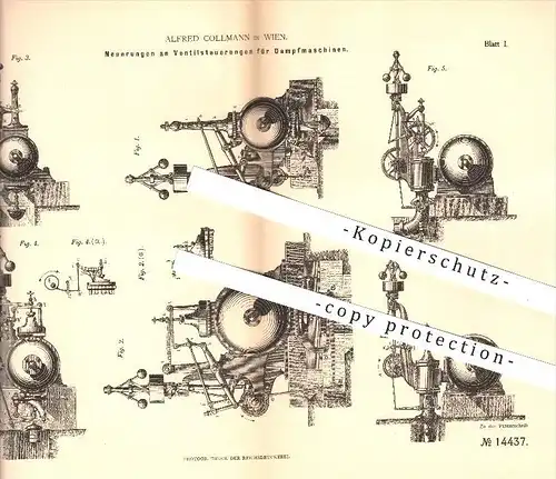 original Patent - Alfred Collmann in Wien , 1880 , Ventilsteuerung für Dampfmaschinen , Dampfmaschine , Motor !!!