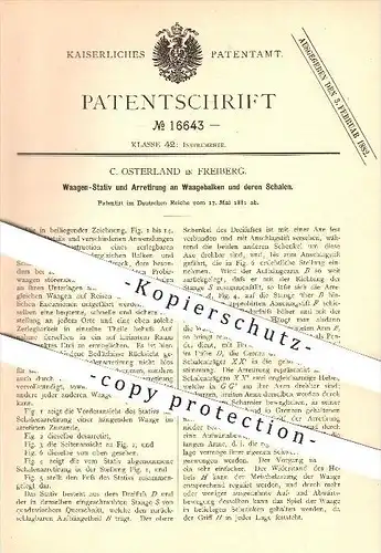 original Patent - C. Osterland , Freiberg ,1881, Stativ für Waagebalken , Waagschale , Waage , Waagen , Wiegen , Gewicht