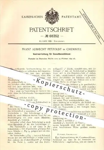original Patent - Franz Albrecht Petzoldt in Chemnitz , 1892 , Vexiervorrichtung für Kessettenschlösser , Schloss , Tür