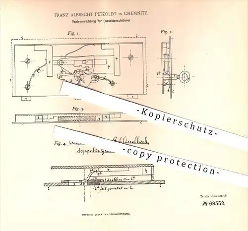 original Patent - Franz Albrecht Petzoldt in Chemnitz , 1892 , Vexiervorrichtung für Kessettenschlösser , Schloss , Tür