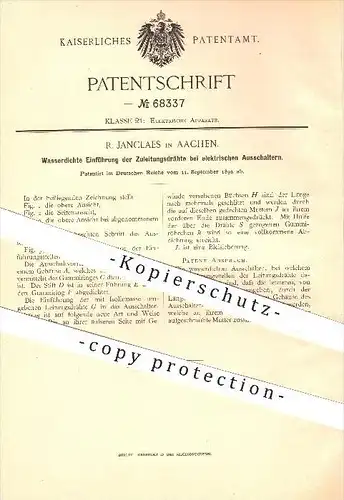 original Patent - R. Janclaes in Aachen , 1892 , elektrischer Ausschalter , Leitungen , Strom , Ströme , Elektrik !!!