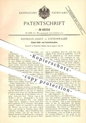 original Patent - Hermann Johst in Luckenwalde , 1892 , Filzhut - Glätt- u. Schleifmaschine , Hut , Hüte, Modist , Filz