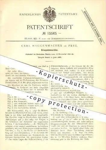 original Patent - Carl Haggenmacher in Pest , 1888 , Griesputzmaschine , Mühle , Mühlen , Müller , Gries , Getreide !!