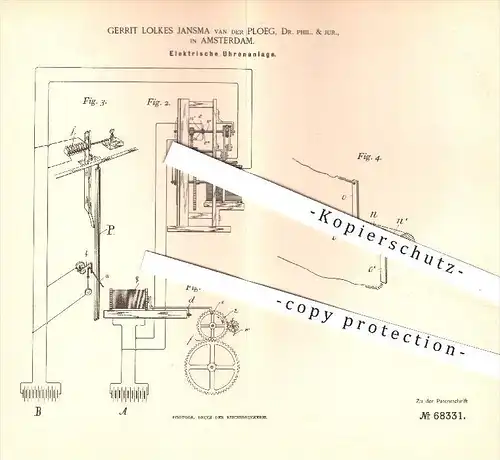 original Patent - Gerrit Lolkes Jansma van der Ploeg , Dr. Phil. & Jur. , Amsterdam , 1892 , Elektrische Uhren , Uhr !!!