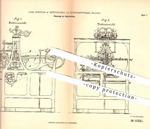 original Patent - Carl Freitag in Antonsthal bei Schwarzenberg , 1880 , Kopierwerk , Kopieren , Kopierer , Modell !!!