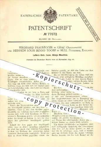 original Patent - F. Praunegger in Graz , Heinrich L. B. Toobe in Hull , Yorkshire , England , 1893 , Letter , Druck !