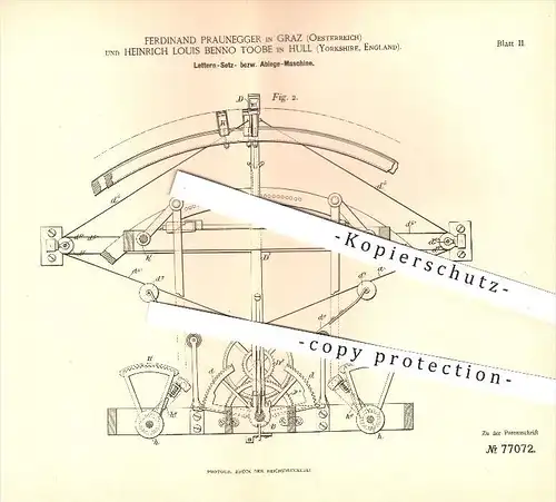 original Patent - F. Praunegger in Graz , Heinrich L. B. Toobe in Hull , Yorkshire , England , 1893 , Letter , Druck !