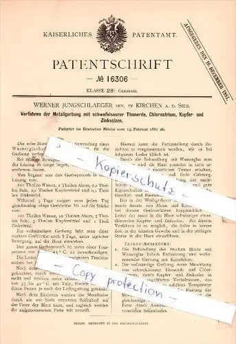 Original Patent - Werner Jungschlaeger sen. in Kirchen a. d. Sieg , 1881 , Gerberei !!!