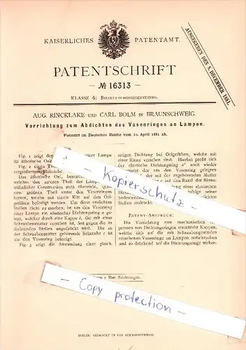 Original Patent - A. Rincklake und C. Bolm in Braunschweig , 1881 , Beleuchtungsgegenstände !!!