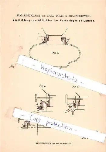 Original Patent - A. Rincklake und C. Bolm in Braunschweig , 1881 , Beleuchtungsgegenstände !!!