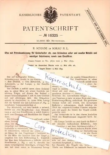 Original Patent - R. Schade in Sorau N. L. , 1881 , Ofen mit Petroleumheizung für Goldarbeiter !!!