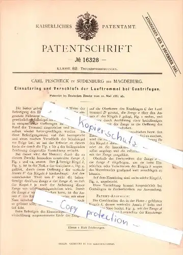 Original Patent - Carl Pescheck in Sudenburg bei Magdeburg , 1881 , Centrifugen !!!