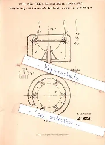 Original Patent - Carl Pescheck in Sudenburg bei Magdeburg , 1881 , Centrifugen !!!