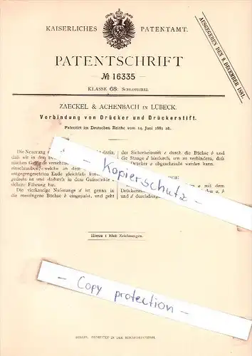 Original Patent - Zaeckel & Achenbach in Lübeck , 1881 , Verbindungg von Drücker und Drückerstift !!!