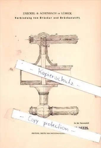 Original Patent - Zaeckel & Achenbach in Lübeck , 1881 , Verbindungg von Drücker und Drückerstift !!!